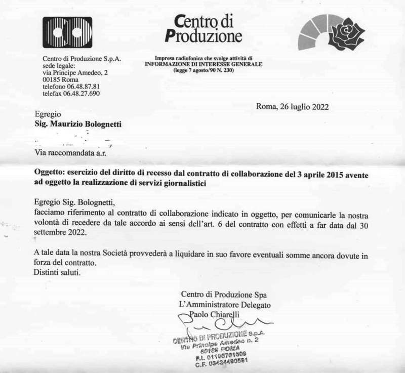 Letter licenziamento Bolognetti da Radio Radicale 26lug2022